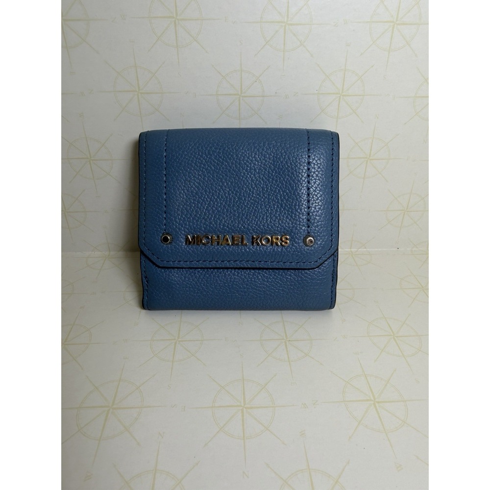 MICHAEL KORS HAYES Trifold Coin Blue Pebble Leather Wallet